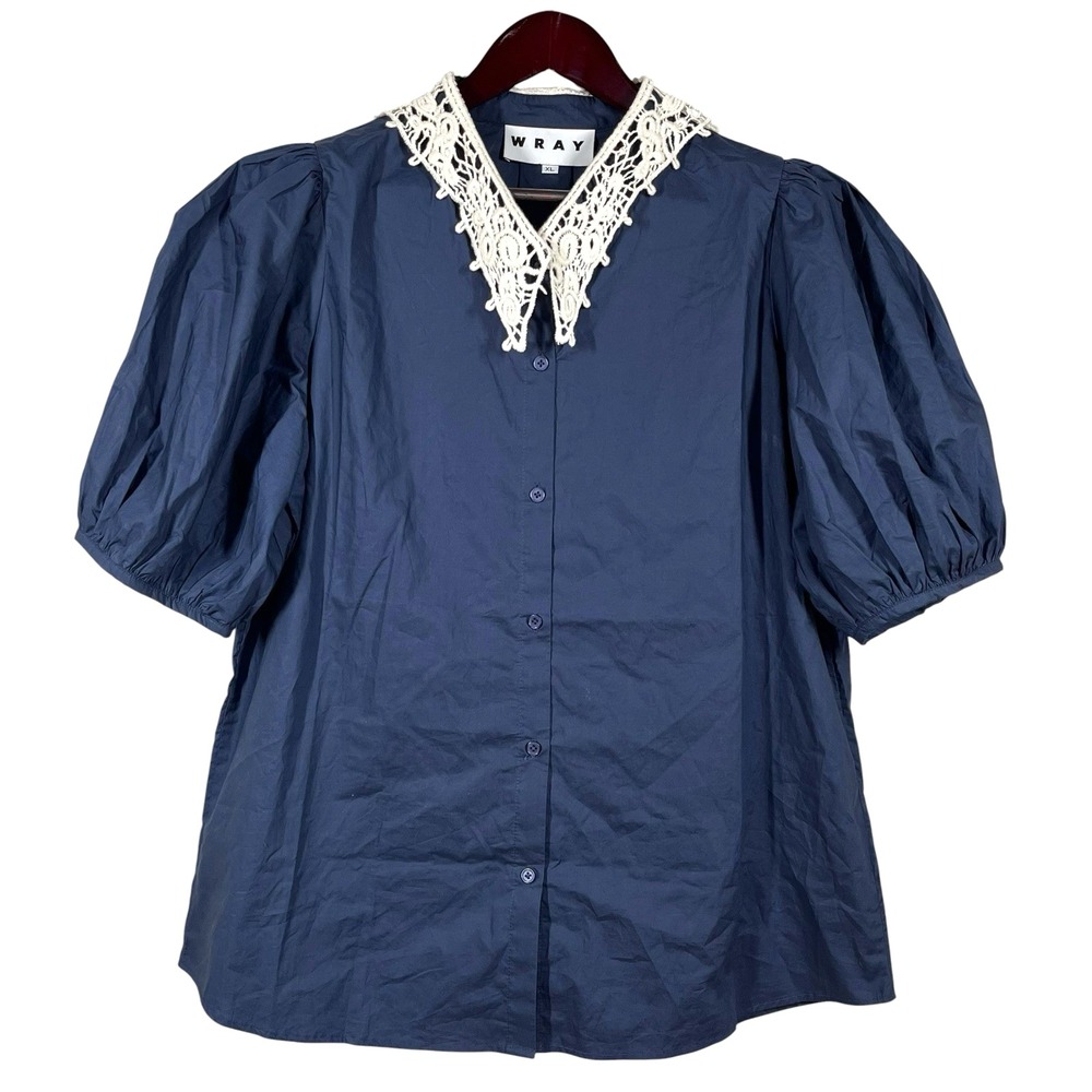 Wray NYC Emma Blouse Size XL Navy Crochet Collar Puff Sleeve Twee Retro Feminine